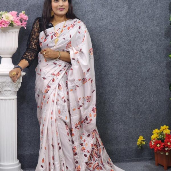 White Silk Saree Hater Kajer