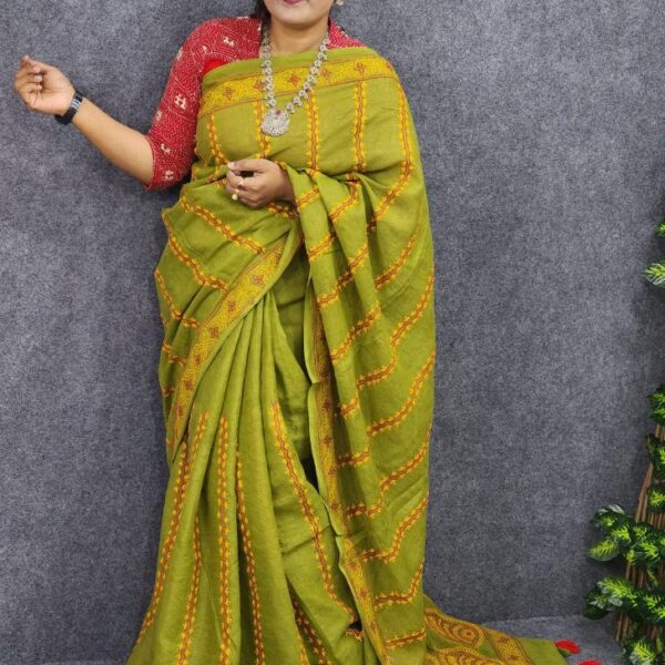 Kantha Work Suti Saree Voil-Olive Color