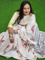 Elegant White Silk Digital Print Saree with Golden Border-AR Unique