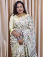 Elegant Off-White Silk Kantha Print Saree with Golden Border - Image 2