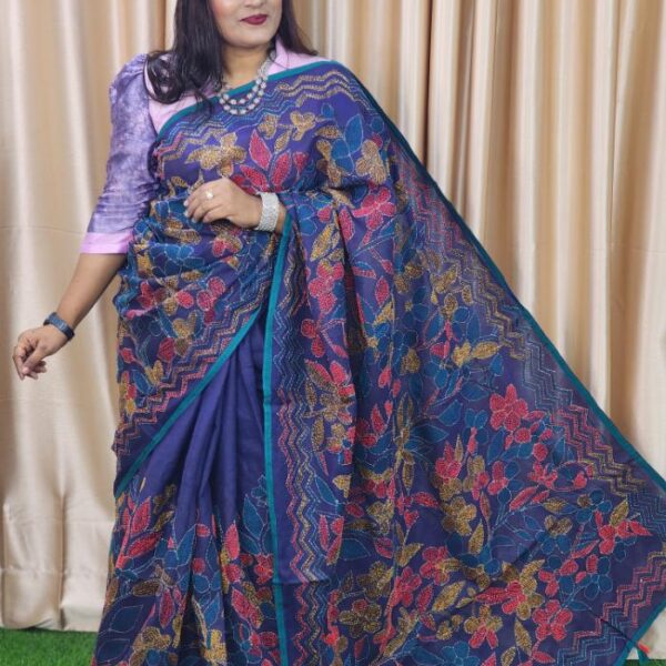 Nil Color Hater Kajer Suti Saree-For Women