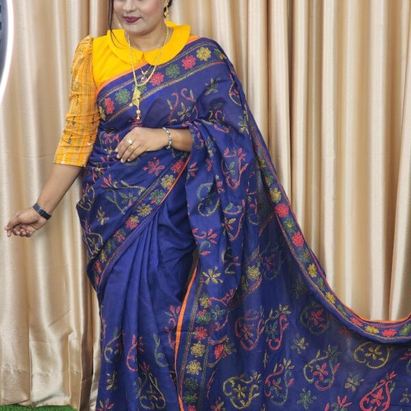Hater Kajer Suti Saree Blue Color
