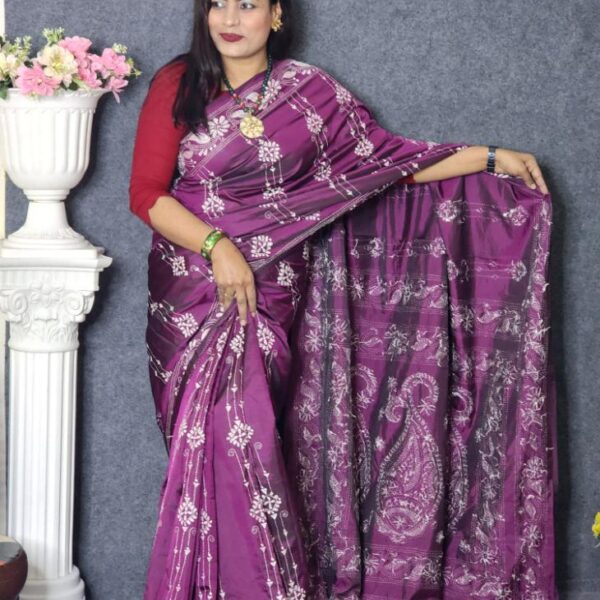 Black Berry Soft Silk Saree On Kantha Work