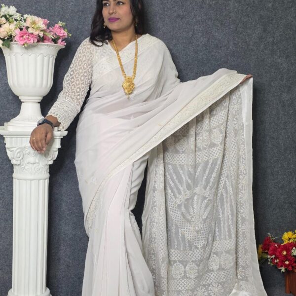 Pure White Georgette Lucknow Saree