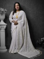 Pure White Georgette Lucknow Saree - Image 2