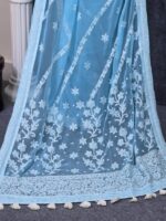 Sky Color Georgette Saree Lucknow Stitch Work - Image 3
