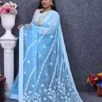 Sky Color Georgette Saree Lucknow Stitch Work