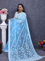 Sky Color Georgette Saree Lucknow Stitch Work