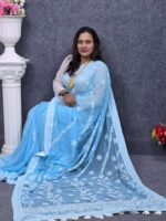 Sky Color Georgette Saree Lucknow Stitch Work - Image 2