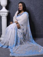 White Hand Embroidery Georgette Saree - Image 2