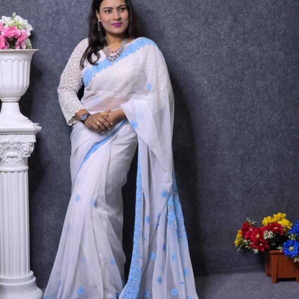 White Hand Embroidery Georgette Saree