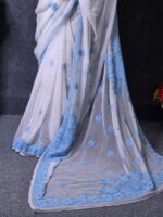 White Hand Embroidery Georgette Saree - Image 4