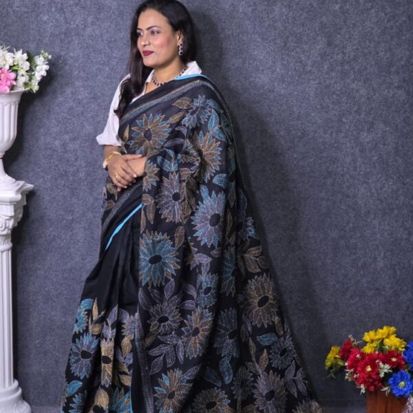 Black Hand Work Cotton Saree For Women