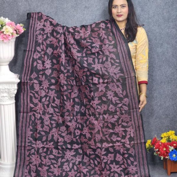 Black Hand Embroidery Dupatta On Cotton