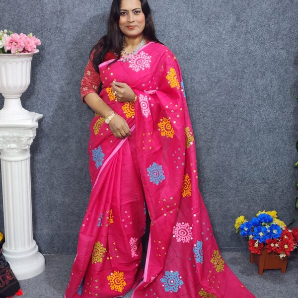 Magenta Pink Cotton Saree With Gujrati Work