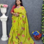 Lemon Green Gujrati Cotton Saree