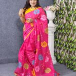 Magenta Pink Cotton Saree With Gujrati Work