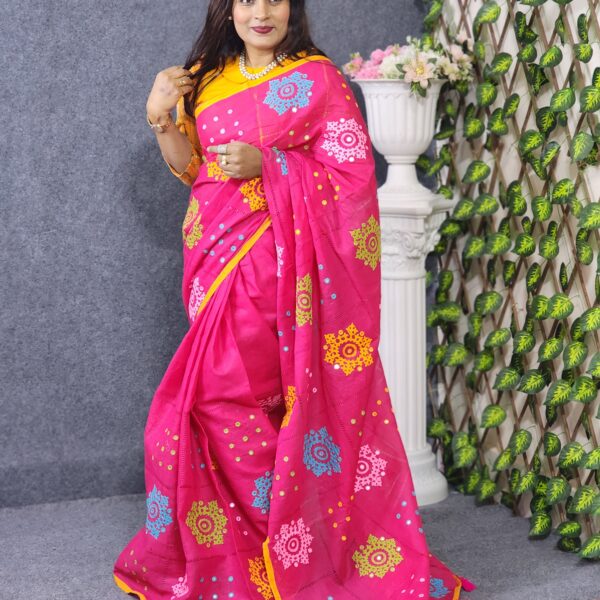 Magenta Pink Cotton Saree With Gujrati Work